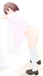 Rule 34 | 1girl, ass, bathroom, blush, brown eyes, brown footwear, brown hair, clothes lift, crossed arms, dedenden (pixiv30568724), dress, dress lift, from behind, highres, looking at viewer, looking back, no panties, peeing, pink dress, shoes, short hair, short sleeves, smile, standing, thighhighs, urinal, urinal use, wall, white thighhighs