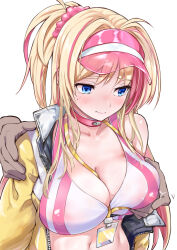 Rule 34 | 1girl, ahoge, blonde hair, blue eyes, blush, breasts, choker, cleavage, closed mouth, collarbone, commentary request, covered erect nipples, disembodied limb, goddess of victory: nikke, hair intakes, hair ornament, hair scrunchie, highres, jacket, lanyard, large breasts, liveryn (nikke), long hair, mole, mole under eye, multicolored hair, navel, nipple stimulation, nipple tweak, open clothes, open jacket, pink choker, pink hair, pink headwear, pink scrunchie, scrunchie, shoulder grab, sidelocks, simple background, solo focus, sota, sports bra, stomach, two-tone hair, underbust, visor cap, white background, white sports bra, yellow jacket