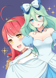 Rule 34 | 2girls, :d, ahoge, blush, cinderella, cinderella (cosplay), commentary request, cosplay, d:, dress, elbow gloves, epaulettes, gloves, green hair, hair between eyes, hair ribbon, hairband, highres, jewelry, kantai collection, kawakaze (kancolle), long hair, looking at viewer, multiple girls, nanairo fuuka, necklace, open mouth, puffy short sleeves, puffy sleeves, red hair, ribbon, short sleeves, smile, yamakaze (kancolle)
