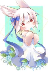 Rule 34 | 1other, animal ears, bare shoulders, blue background, blue bow, blue flower, blue ribbon, border, bow, commentary request, dress, flower, furry, hair between eyes, hair bow, hair ribbon, hands up, head tilt, highres, horizontal pupils, looking at viewer, looking to the side, made in abyss, mouth hold, mumu yu mu, nanachi (made in abyss), other focus, outside border, petals, red eyes, ribbon, solo, spaghetti strap, strap slip, sundress, whiskers, white border, white dress, white hair