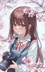 Rule 34 | 1girl, absurdres, blush, brown hair, camera, cherry blossoms, danha, green eyes, highres, holding, holding camera, long hair, long sleeves, looking at viewer, neckerchief, original, outdoors, school uniform, shirt, solo, white shirt