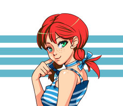 Rule 34 | 1girl, body freckles, braid, breasts, camisole, cheek poking, choker, freckles, from side, green eyes, highres, medium breasts, orangetea, poking, red hair, smile, solo, striped, striped background, twin braids, upper body, wendy&#039;s, wendy (wendy&#039;s)