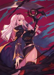 Rule 34 | 1girl, black cape, black dress, black nails, breasts, bright pupils, cape, detached sleeves, dress, fingernails, grey sleeves, hand up, highres, hololive, hololive english, long hair, long sleeves, medium breasts, mori calliope, nail polish, pink eyes, pink hair, purple background, rumie, scythe, see-through, see-through sleeves, side slit, simple background, single thighhigh, smile, solo, spikes, standing, thighhighs, tiara, torn cape, torn clothes, veil, virtual youtuber, white pupils