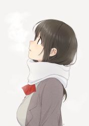 Rule 34 | 1girl, bow, bowtie, breasts, breath, brown eyes, brown hair, cardigan, commentary request, copyright request, enpera, from side, grey background, grey jacket, jacket, kawai makoto, long hair, long sleeves, looking up, parted lips, profile, red bow, red bowtie, scarf, school uniform, signature, simple background, solo, upper body, white scarf
