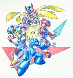 Rule 34 | 4boys, arm cannon, armor, artist logo, biometal, blonde hair, blue bodysuit, blue eyes, blue footwear, blue helmet, bodysuit, boots, clenched teeth, commentary request, cropped jacket, dated, energy sword, forehead jewel, green eyes, helmet, henshin pose, highres, holding, holding sword, holding weapon, jacket, long hair, mega buster, mega man (character), mega man (classic), mega man (series), mega man x (series), mega man zero (series), mega man zx, model x (mega man), model z (mega man), model zx (mega man), multiple boys, open clothes, open jacket, pn13ban, power armor, red footwear, red helmet, second armor x (mega man), shoulder armor, sword, tagme, teeth, traditional media, vent (mega man), weapon, white armor, white background, white helmet, x (mega man), x buster, z saber, zero(z) (mega man), zero (mega man)