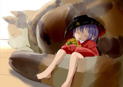 Rule 34 | 1girl, animal, barefoot, blush, bowl, cat, closed eyes, full body, ishikkoro, japanese clothes, long sleeves, md5 mismatch, mini person, minigirl, miracle mallet, object on head, open mouth, purple hair, resized, short hair, sleeping, solo, sukuna shinmyoumaru, touhou, wide sleeves