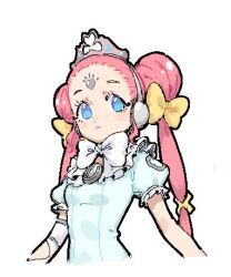 Rule 34 | 1girl, blue dress, blue eyes, bow, breasts, cropped torso, double bun, dress, elbow gloves, fugota6509, gloves, hair bow, hair bun, idol land pripara, long hair, looking at viewer, lowres, parted lips, pink hair, pororo (pripara), power symbol, pretty series, pripara, puffy short sleeves, puffy sleeves, short sleeves, sidelocks, simple background, small breasts, solo, tiara, twintails, upper body, white background, white bow, yellow bow