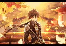 Rule 34 | 1boy, black hair, blurry, blurry background, blurry foreground, bridge, brown hair, building, closed mouth, cloud, cloudy sky, collar, collared shirt, earrings, falling leaves, formal, genshin impact, ginkgo leaf, hair between eyes, highres, jacket, jewelry, leaf, long hair, long sleeves, looking at viewer, male focus, multicolored hair, ponytail, shirt, single earring, sky, solo, suit, umeno (tuzk7284), yellow eyes, zhongli (genshin impact)