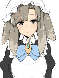 Rule 34 | 1girl, animal ears, apron, blunt bangs, breasts, brown hair, closed mouth, commentary request, dog ears, feathers, gem, grey eyes, grey hair, hair ornament, hat, heart, heart-shaped pupils, kikimora (monster girl encyclopedia), large breasts, light blush, looking at viewer, maid, maid apron, medium hair, mob cap, monster girl, monster girl encyclopedia, multicolored hair, partial commentary, ribbon, short hair, simple background, smile, solo, syannhai-doll, symbol-shaped pupils, upper body, white background, white hat