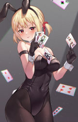 Rule 34 | 1girl, :p, absurdres, alternate costume, animal ears, arm strap, bare shoulders, between breasts, between fingers, black gloves, black leotard, black pantyhose, blonde hair, blush, breasts, card, card between breasts, card between fingers, cleavage, covered navel, detached collar, fake animal ears, floating card, gloves, grey background, hair ribbon, highres, holding, jack (playing card), jack of spades, joker (playing card), king (playing card), king of clubs, large breasts, leotard, light particles, looking at viewer, lycoris recoil, nishikigi chisato, pantyhose, pizza (pizzania company), playboy bunny, playing card, queen (playing card), queen of hearts (playing card), rabbit ears, rabbit tail, red eyes, ribbon, short hair, short twintails, solo, tail, tongue, tongue out, twintails, v-shaped eyebrows, wrist cuffs