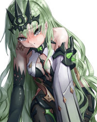 Rule 34 | 1girl, :i, absurdres, arm support, asymmetrical sleeves, bare shoulders, between breasts, black pantyhose, blush, bodysuit, breasts, cheek bulge, closed mouth, cowboy shot, cream bread, detached sleeves, earrings, elbow gloves, full mouth, gloves, green hair, grey eyes, highres, honkai (series), honkai impact 3rd, jewelry, layered clothes, leaning forward, long hair, looking at viewer, mobius (honkai impact), nose blush, pantyhose, sidelocks, single earring, slit pupils, solo, tearing up, tiara, very long hair, wavy hair, white background
