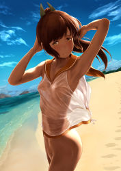 Rule 34 | 10s, 1girl, absurdres, armpits, arms behind head, arms up, beach, blue sky, blush, bottomless, breasts, closed mouth, cloud, collarbone, covered erect nipples, cowboy shot, dark-skinned female, dark skin, day, footprints, hair ornament, highres, horizon, i-401 (kancolle), kantai collection, long hair, looking at viewer, nipples, no bra, non-web source, ocean, outdoors, ponytail, sand, scan, see-through, shirt, shore, sky, sleeveless, small breasts, smile, solo, standing, stomach, sunlight, sweatdrop, tan, tanline, wa (genryusui), water, wet, wet clothes, wet shirt, white shirt