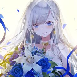 Rule 34 | 1girl, absurdres, azur lane, bare shoulders, belfast (azur lane), belfast (the pledge of claddagh) (azur lane), belfast (the pledge of claddagh) (azur lane), blue eyes, blush, bouquet, braid, bridal veil, bride, chain, closed mouth, collar, collarbone, commentary request, crown braid, dress, earrings, flower, highres, jewelry, lips, long hair, petals, silver hair, simple background, single braid, smile, solo, strapless, strapless dress, tsukioka tsukiho, veil, wedding dress, white background