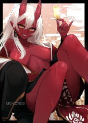 Rule 34 | 1girl, akumi (yoclesh), alcohol, bare shoulders, blush, breasts, champagne, champagne flute, clothing request, collarbone, colored skin, cup, drinking glass, earrings, egasumi, facial scar, hair between eyes, highres, horns, jewelry, large breasts, long hair, looking at viewer, momote, nail polish, no bra, red nails, red skin, scar, scar on cheek, scar on chest, scar on face, scar on leg, solo, virtual youtuber, vyugen, white hair, yellow eyes