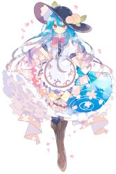 Rule 34 | 1girl, black hat, blue hair, blue skirt, boots, brown footwear, buttons, center frills, cherry blossoms, closed mouth, floral print, food, frilled skirt, frills, fruit, fruit hat ornament, full body, hair between eyes, hat, hat ornament, highres, hinanawi tenshi, knee boots, light smile, long hair, looking at viewer, nikorashi-ka, peach hat ornament, petals, puffy short sleeves, puffy sleeves, red eyes, shirt, short sleeves, sidelocks, simple background, skirt, solo, standing, straight-on, touhou, white background, white shirt