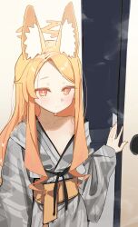 Rule 34 | 1girl, absurdres, animal ear fluff, animal ears, bath yukata, blonde hair, blue archive, blush, breasts, closed mouth, collarbone, commentary, fox ears, grey kimono, halo, highres, japanese clothes, kimono, long hair, long sleeves, looking at viewer, obi, sash, seia (blue archive), small breasts, smile, solo, syhan, symbol-only commentary, upper body, wide sleeves, yellow eyes, yellow halo, yukata