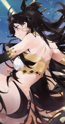 Rule 34 | 1girl, absurdres, armlet, ass, bikini, black hair, blue sky, breasts, commentary, detached sleeves, earrings, english commentary, fate/grand order, fate (series), gold trim, hair ribbon, highres, hoop earrings, ishtar (fate), jewelry, kaa-san, long hair, medium breasts, mismatched bikini, mixed-language commentary, neck ring, profile, red eyes, ribbon, single detached sleeve, sky, smile, solo, swimsuit, tiara, two side up