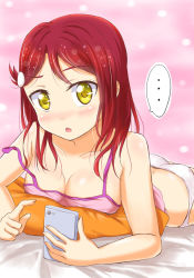 Rule 34 | ..., 10s, 1girl, ass, blush, breasts, cellphone, cleavage, downblouse, hair ornament, holding, holding phone, large breasts, long hair, looking at viewer, love live!, love live! sunshine!!, lying, no bra, off shoulder, on stomach, open mouth, panties, phone, pillow, pink background, qy73, red hair, sakurauchi riko, solo, strap slip, underwear, yellow eyes