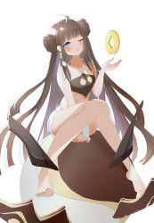 Rule 34 | 1girl, absurdres, bare legs, bare shoulders, barefoot, blue eyes, blush, book of fuxi, brown hair, crop top, double bun, earrings, full body, fuxi (honkai impact), hair bun, highres, honkai (series), honkai impact 3rd, jewelry, long hair, looking at viewer, nail polish, one eye closed, orange nails, orb, sitting, strapless, susu (32103088), very long hair, white background