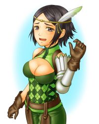 Rule 34 | 1girl, armor, belt, black eyes, black hair, breasts, circlet, cleavage, cleavage cutout, clothing cutout, feather hair ornament, feathers, fire emblem, fire emblem awakening, gloves, feather hair ornament, large breasts, nintendo, noire (fire emblem), pants, purple eyes, short hair, smile, solo, soyo2106