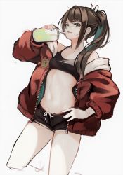 Rule 34 | 1girl, bare shoulders, black ribbon, black shorts, breasts, brown hair, collarbone, crop top, cup, disposable cup, drinking straw, green eyes, grey background, hair ribbon, hand on own hip, hand up, highres, holding, holding cup, jacket, long hair, long sleeves, lumo 1121, off shoulder, open clothes, open jacket, original, ponytail, puffy long sleeves, puffy sleeves, red jacket, ribbon, short shorts, shorts, sidelocks, simple background, sketch, small breasts, solo