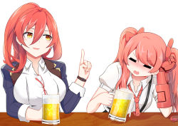 Rule 34 | 2girls, :d, alcohol, beer, beer mug, blue jacket, blush, breasts, closed eyes, cup, drunk, earrings, frederica nikola tesla, glasses, hair between eyes, highres, holding, holding cup, honkai (series), honkai impact 3rd, jacket, jewelry, large breasts, long hair, long sleeves, mechanical arms, mug, multiple girls, murata himeko, necktie, open mouth, polo shirt, ponytail, red necktie, ritore, shirt, short sleeves, single mechanical arm, smile, table, teacher, twintails, watch, white background, white shirt, wristwatch