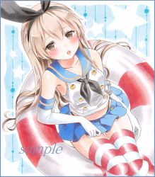 Rule 34 | 10s, 1girl, :o, anchor hair ornament, bad id, bad pixiv id, blue skirt, blush, brown eyes, brown hair, colored pencil (medium), elbow gloves, gloves, hair ornament, hairband, kantai collection, long hair, looking at viewer, marker (medium), potto, potto (minntochan), sample watermark, shimakaze (kancolle), skirt, solo, star (symbol), striped clothes, striped thighhighs, thighhighs, traditional media, watermark, white gloves, zettai ryouiki
