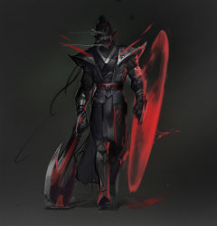 Rule 34 | 1boy, alternate costume, belt, black hair, boots, clothing request, collarbone, draven, gradient background, grey background, highres, holding, holding weapon, league of legends, looking at viewer, male focus, pants, pointy ears, red belt, smile, solo, weapon, wutu (1183238220)