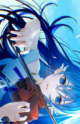 Rule 34 | 1girl, absurdres, artist name, bad id, bad pixiv id, bare arms, bare shoulders, blue eyes, blue hair, clear sky, dress, highres, instrument, long hair, looking at viewer, music, nail, nekoyama iori, original, playing, playing instrument, sky, smile, solo, teeth, twitter username, violin