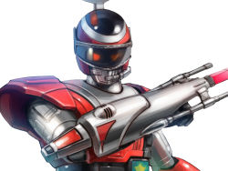 Rule 34 | 1boy, arm cannon, clenched hand, close-up, fire (winspector), looking at viewer, male focus, metal hero, orange eyes, solo, taedu, tokkei winspector, tokusatsu, visor, weapon, white background
