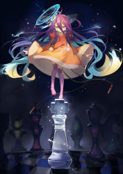 Rule 34 | 1girl, bishop (chess), blue hair, boots, brown eyes, brown robe, chess piece, collarbone, commentary request, gradient hair, hair between eyes, hair ornament, highres, hood, hood down, hooded robe, joints, king (chess), knight (chess), long sleeves, mitu yang, multicolored hair, no game no life, pawn (chess), pink footwear, pink thighhighs, pom pom (clothes), purple hair, queen (chess), red eyes, robe, robot joints, rook (chess), shuvi (no game no life), solo, standing, standing on one leg, thigh boots, thighhighs, wide sleeves