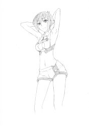 Rule 34 | 10s, 1girl, aquarion (series), aquarion evol, arms up, breasts, greyscale, iyakun, monochrome, short hair, simple background, solo, white background, zessica wong