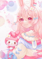 Rule 34 | 1girl, :3, absurdres, ahoge, animal ears, blush, bow, choukoillust, crossed bangs, flower, hair bow, hair flower, hair ornament, highres, my melody, onegai my melody, phase connect, pink eyes, pink hair, pipkin pippa, pipkin pippa (1st costume), rabbit ears, sanrio, virtual youtuber