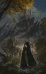 Rule 34 | 1girl, absurdres, brown eyes, brown hair, cape, castle, closed mouth, dress, elden ring, green cape, green dress, highres, hood, hood up, hooded cape, melina (elden ring), one eye covered, scenery, solo, stairs, standing, wide shot, xinuo223