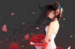 Rule 34 | 1girl, ariinine, arm ribbon, backless outfit, bare shoulders, blue eyes, blush, bouquet, breasts, brown hair, butterfly hair ornament, dress, flower, hair ornament, highres, horns, long hair, looking at viewer, medium breasts, original, petals, red flower, red ribbon, red rose, ribbon, rose, small breasts, smile, solo, strapless, strapless dress, white dress