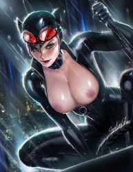 Rule 34 | 1girl, animal ears, artist name, batman (series), black bodysuit, black hair, blue eyes, bodysuit, breasts, breasts out, cat ears, catsuit, catwoman, choker, city, cityscape, cleavage, dc comics, fake animal ears, female focus, gloves, goggles, goggles on head, highres, large breasts, lipstick, looking at viewer, makeup, medium breasts, night, night sky, nipples, open clothes, outdoors, rain, red lips, sakimichan, selina kyle, short hair, signature, skin tight, sky, smile, solo, squatting, unzipped, water drop, wet, whip, zipper