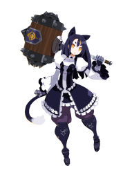 Rule 34 | 1girl, :o, absurdres, animal ears, armor, armored boots, black hair, boots, cat ears, cat tail, full body, gauntlets, gorget, hammer, harada takehito, head tilt, highres, holding, holding hammer, holding weapon, huge weapon, juliet sleeves, legs apart, long hair, long sleeves, looking at viewer, official art, pants, pants tucked in, puffy sleeves, refrain no chika meikyuu to majo no ryodan, simple background, slit pupils, solo, standing, surprised, tail, weapon, white background