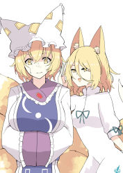 Rule 34 | 2girls, :d, animal ears, animal hat, bad id, bad twitter id, blonde hair, breasts, cowboy shot, deetamu, dress, fox ears, fox tail, hands in opposite sleeves, hat, highres, kudamaki tsukasa, large breasts, looking at another, medium breasts, mob cap, multiple girls, multiple tails, open mouth, mob cap, short hair, simple background, smile, tabard, tail, touhou, white background, white dress, yakumo ran, yellow eyes