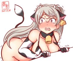 Rule 34 | 1girl, alternate costume, anal tail, animal ears, animal print, artist logo, bell, bikini, blush, breasts, brown eyes, collarbone, conte di cavour (kancolle), cow ears, cow girl, cow horns, cow print, cow tail, cowbell, dated, elbow gloves, fake tail, gloves, horns, kanon (kurogane knights), kantai collection, large breasts, long hair, neck bell, no panties, one-hour drawing challenge, open mouth, print bikini, print gloves, silver hair, simple background, solo, swimsuit, tail, trembling, white background