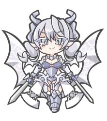 Rule 34 | 1girl, armor, breasts, chibi, cleavage, demon girl, demon wings, drill hair, dual wielding, duel monster, earrings, grey hair, highres, holding, holding sword, holding weapon, horns, jewelry, lady labrynth of the silver castle, looking at viewer, looking down, lovely labrynth of the silver castle, medium breasts, medium hair, oquri, pointy ears, simple background, solo, sword, twin drills, weapon, white background, wings, yu-gi-oh!