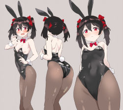 Rule 34 | 1girl, animal ears, black hair, black leotard, bow, bowtie, breasts, brown background, cowboy shot, detached collar, fake animal ears, feet out of frame, from below, hair ribbon, highres, kurokawa makoto, leotard, long hair, love live!, love live! school idol project, multiple views, pantyhose, playboy bunny, rabbit ears, rabbit tail, red bow, red bowtie, red eyes, red ribbon, ribbon, simple background, small breasts, standing, strapless, strapless leotard, tail, twintails, wrist cuffs, yazawa nico