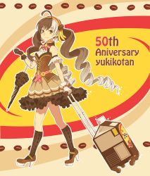 Rule 34 | 1girl, ahoge, anniversary, bare shoulders, blush, bow, brown eyes, brown hair, character name, dress, drill hair, drinking straw, female focus, frills, gloves, guchico, hair ornament, hairband, kneehighs, long hair, looking at viewer, mary janes, multicolored hair, patterned legwear, print legwear, ribbon, rolling suitcase, shoes, skirt, smile, socks, solo, suitcase, thighhighs, twin drills, twintails, two-tone hair, umbrella, yukico-tan, yukijirushi