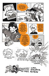 Rule 34 | 1girl, 4boys, absurdres, ashido mina, bakugou katsuki, blush, boku no hero academia, carrying, cellphone, clenched teeth, closed eyes, closed mouth, comic, commentary, crossed arms, english commentary, english text, fenkko, greyscale, hand on another&#039;s head, hand on own chin, highres, holding, holding phone, hood, hood down, hoodie, horns, kaminari denki, kirishima eijirou, looking at another, looking at phone, monochrome, multiple boys, open mouth, phone, pointing, pointing at another, running, sero hanta, shirt, short hair, short sleeves, smartphone, smile, speech bubble, spiked hair, tears, teeth