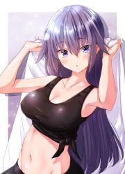 Rule 34 | 1girl, bare shoulders, black sports bra, border, breasts, bush, cleavage, collarbone, commentary request, covered erect nipples, hair between eyes, highres, holding, holding towel, large breasts, long hair, looking at viewer, mokufuu, navel, original, parted lips, purple eyes, purple hair, shirt, sidelocks, simple background, solo, sports bra, standing, stomach, tied shirt, towel, upper body