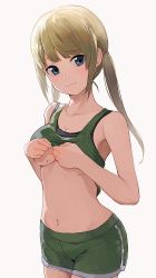 Rule 34 | 1girl, black sports bra, blonde hair, blue eyes, blush, breasts, cleavage, clothes lift, collarbone, green shirt, green shorts, highres, hiroki (yyqw7151), long hair, looking at viewer, medium breasts, midriff, mole, mole on breast, navel, shirt, shirt lift, shorts, smile, sports bra, standing, tank top, twintails, white background