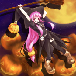 Rule 34 | 1girl, bat (animal), boots, broom, cofi (eternal), eternal, food-themed hair ornament, full moon, hair ornament, halloween, hat, jack-o&#039;-lantern, long hair, low-tied long hair, moon, night, night sky, original, pumpkin, pumpkin hair ornament, purple hair, skull, sky, smile, solo, star (symbol), thighhighs, witch, witch hat