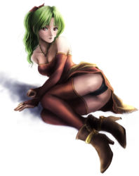 Rule 34 | 1990s (style), 1girl, bad id, bad pixiv id, blush, breasts, cleavage, dodon (reina), final fantasy, final fantasy vi, green hair, jewelry, necklace, panties, ponytail, red eyes, reina (artist), solo, thighhighs, tina branford, underwear