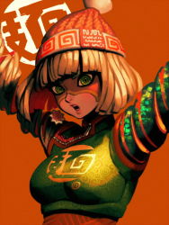 Rule 34 | 1girl, arms (game), artist name, beanie, bellhenge, blonde hair, breasts, chinese text, green eyes, green shirt, hat, looking at viewer, mask, min min (arms), nintendo, open mouth, shirt, super smash bros.