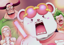 Rule 34 | 1girl, 3boys, animal ears, artist request, bartolomeo (one piece), bear, bear ears, beard, bepo, black hair, blonde hair, blueno, blush stickers, breasts, casual, cleavage, closed eyes, crying, facial hair, flower, flower on head, glasses, gradient background, green hair, kalifa (one piece), large breasts, looking at another, looking up, multiple boys, one piece, one piece film: red, open mouth, sharp teeth, standing, tears, teeth