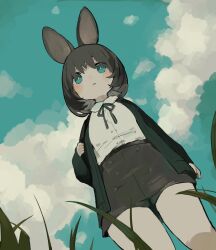 Rule 34 | absurdres, animal ears, black hair, blue eyes, blue sky, blush, bright pupils, cardigan, cloud, cloudy sky, commentary request, from below, grass, hand up, highres, holding, looking afar, looking ahead, open cardigan, open clothes, original, outdoors, parted lips, rabbit ears, rabbit girl, ribbon, sakutake (ue3sayu), shirt, shorts, sky, white pupils